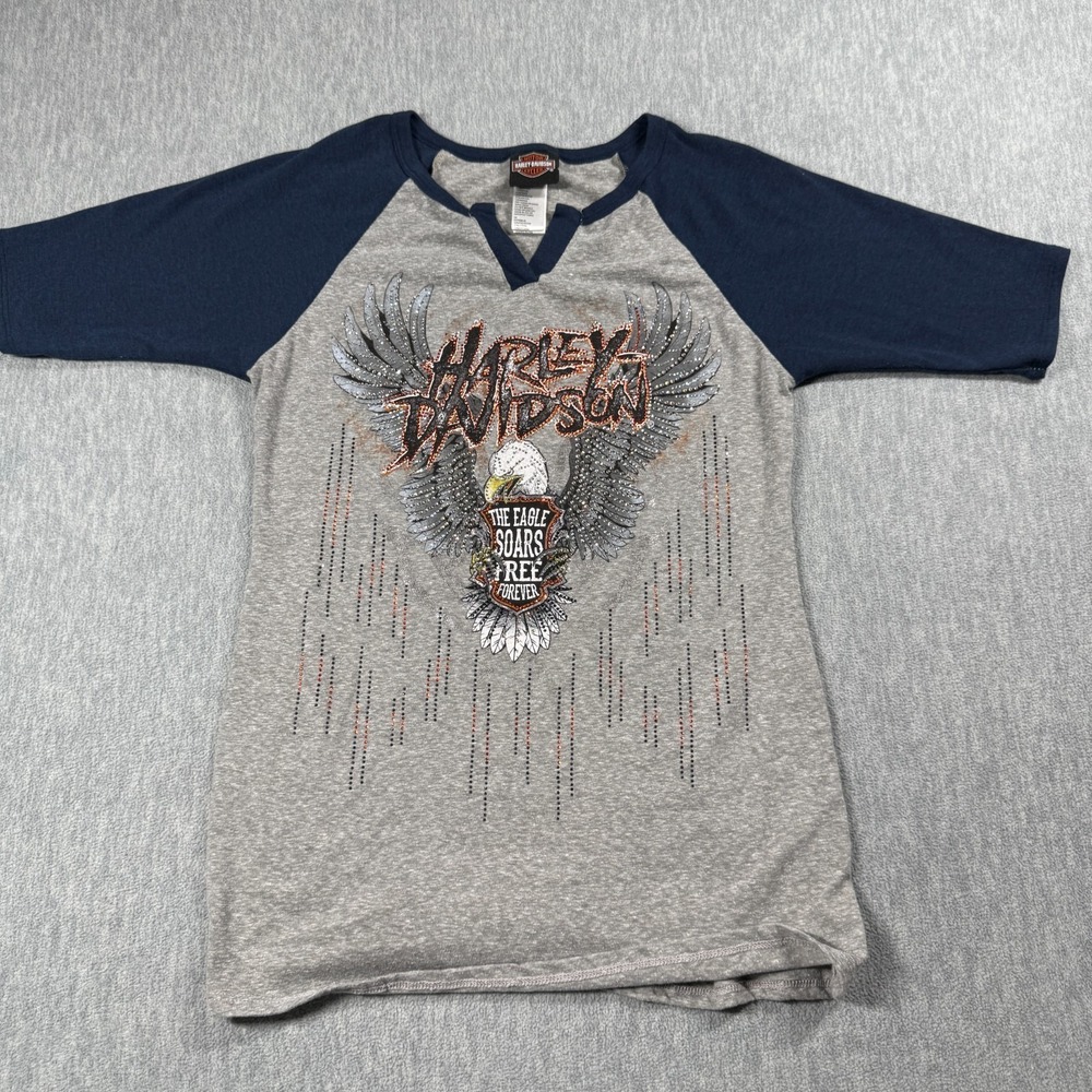 Harley-Davidson Shirt Womens M Gray‎ Blue Raglan Eagle Rhinestone V-Neck Graphic